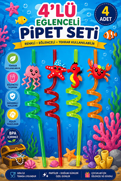 KEA 4’lü Eğlenceli Figürlü Pipet Seti 26 Cm | Renkli Kıvrımlı Pipet | Çocuk P...