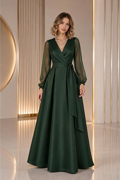 SERAVENZA COUTURE فستان سهرة أنيق من الشيفون بأكمام طويلة وحزام متنقل من ماكس...