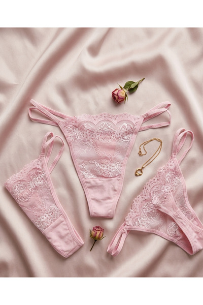 ANDINO 3'lü Tanga Pembe, Önü Dantel Arkası Pamuklu String Sexi Kadın Külot