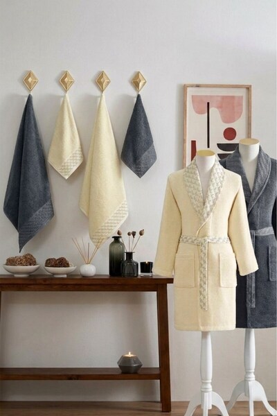 Özdilek Diagonal Waffle Family Bathrobe Set - Gray Beige