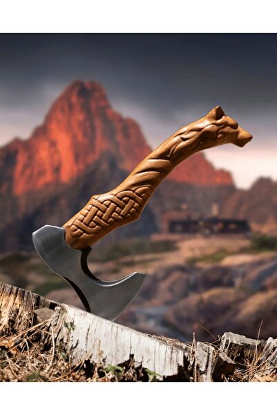 goldentre Kurt Başlı Kamp Baltası Dövme Çelik Viking Outdoor Balta Deri Kılıf...