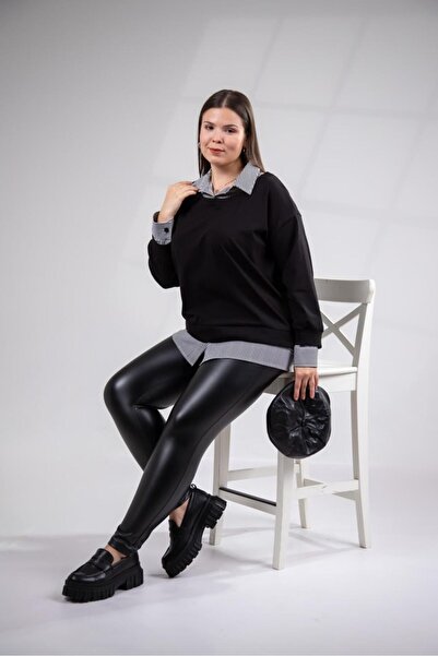 Roxxlen Women's Plus Size Shirt Detailed Sweatshirt Black