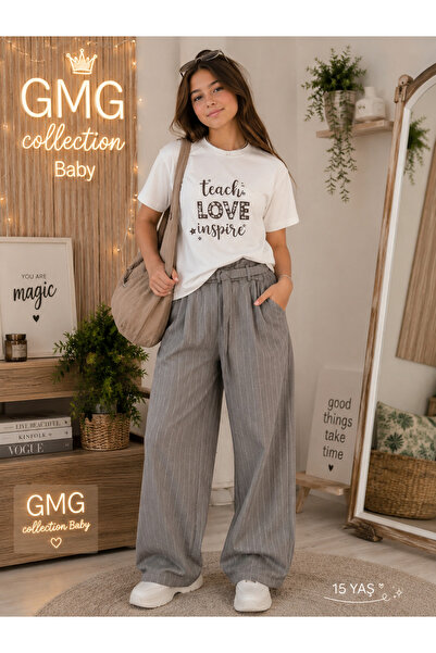 GMG Baby Kız Çocuk Love Baskılı Alt Çizgili Süprem Kumaş İkili Takım 11-14 Yaş