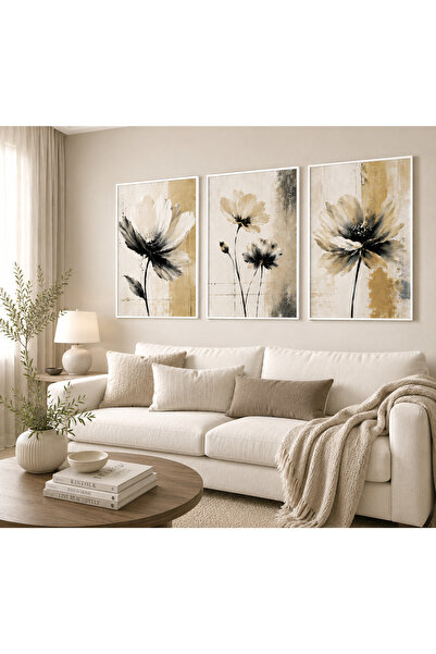 TekTablo Set de 3 tablouri moderne abstracte cu flori, înrămate – Negru Bej C...