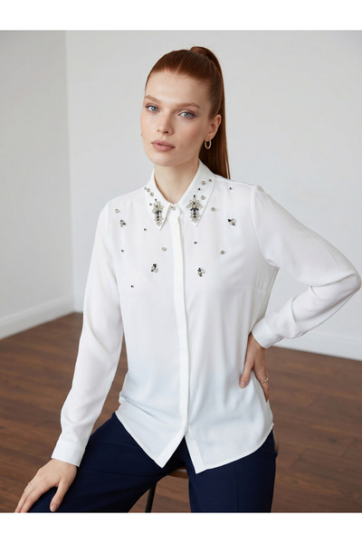 PERA MODA Tiril Fabric Stylish Women's Shirt with Stones on the Collar and Front