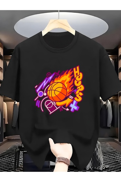 yiou trendy clothing تي شيرت رجالي قطني بطبعة لهب لكرة السلة، بياقة دائرية وأ...