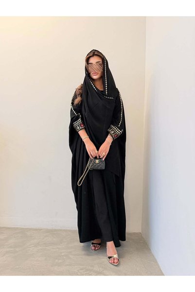 AYA Mwt5064 Black Crepe Fabric Embroidered on Sleeves and Veil, Nishtan Style