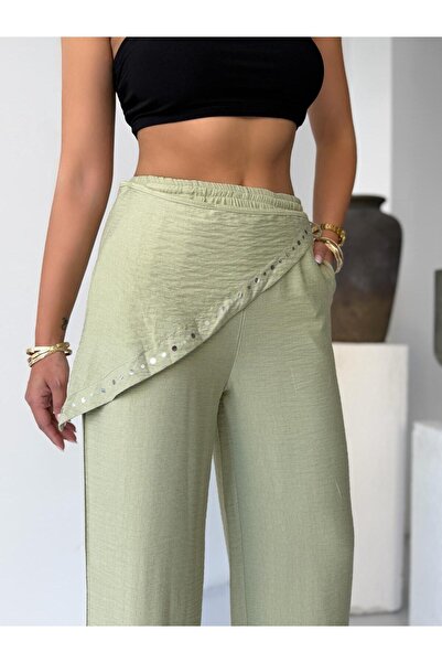 CrepTekstil Crep Women's Thin Linen Wide-Leg Trousers with Shawl Detail