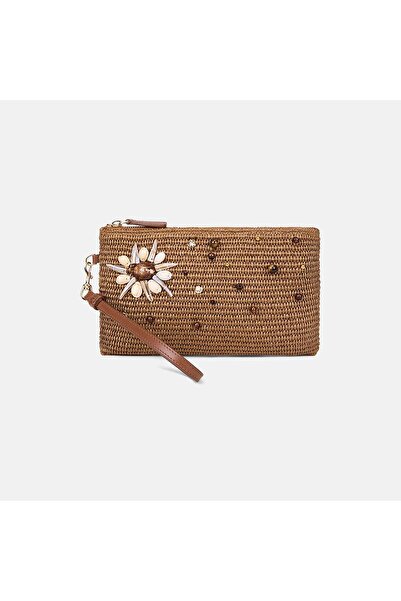 Desa Women's Tan Straw Clutch with Sea Shell Accessories