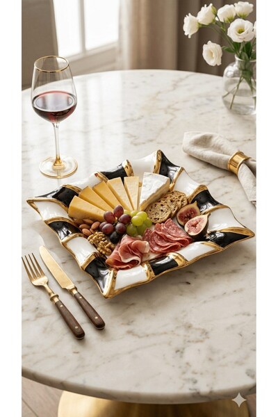 Sembol Porcelain Square Presentation Plate Black-White-Gold 25.5 cm