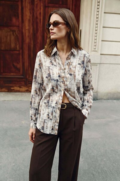 Sateen Cămașă clasică cu model - maro