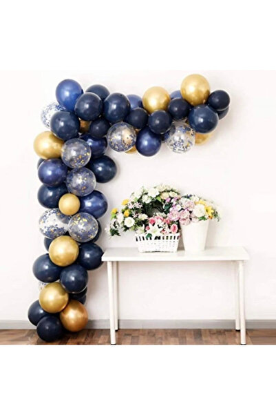 Partihane Chrome Night Blue and Gold Confetti Balloon Chain Set 2.5 Meters