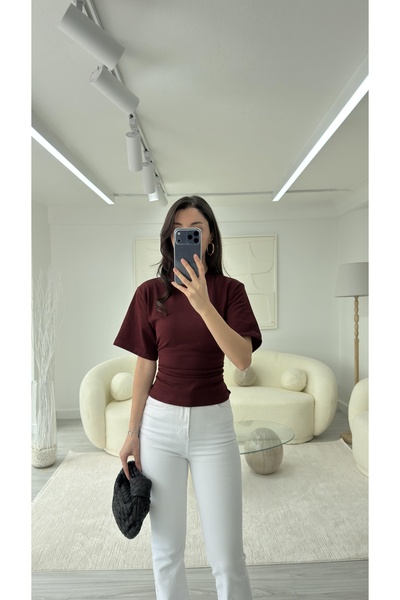 LUUNA STORE Tricou cu detalii tip corset, cu legături, de culoare burgundă