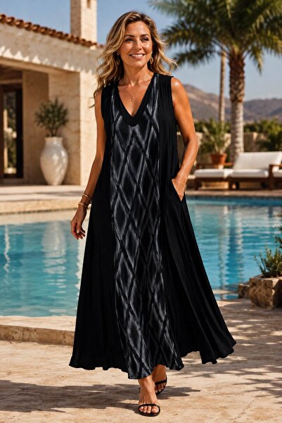 Punta Otantik VL3056 Rochie din voile imprimată fără mâneci cu model baklava,...