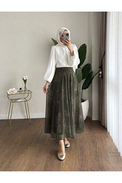 MODA MT تنورة نسائية من الشيفون بنقشة الورد (مبطنة) 100 سم