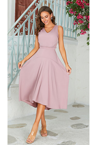 Independent Pink Midi Dress with Soft Design and Wide Skirt