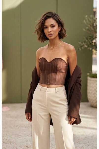 Butik Çizgili Straplez Crop Büstiyer Body