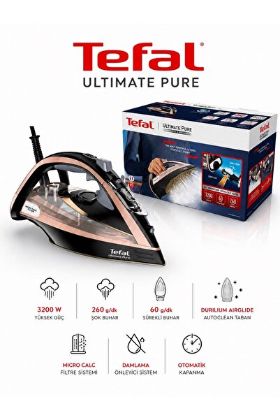 TEFAL Ultimate Pure Kireç Avcısı Buharlı Ütü 3200 W Yüksek Güç 260 Gr Şok Buh...