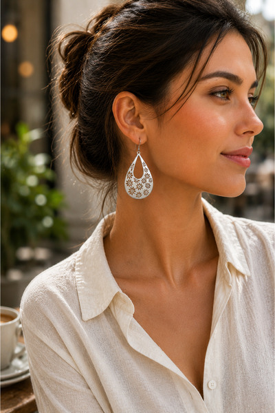 POYASE Floral Patterned Drop Model Silver Color Dangle Earrings Lightweight S...