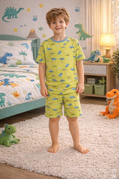 koza iç giyim Erkek Çocuk Pamuklu Çizgili Baskılı Kısa Kollu Şortlu Pijama Takımı