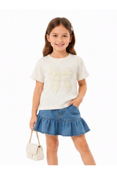 trikomode Tricou elegant pentru fete cu detaliu fundita, din bumbac pieptănat