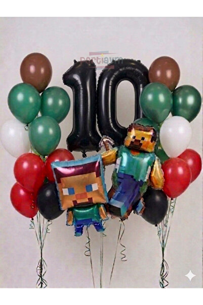 PARTİAVM 2'li Minecraft Folyo Balon 10 Yaş Rakam balon Doğum Günü Parti temas...