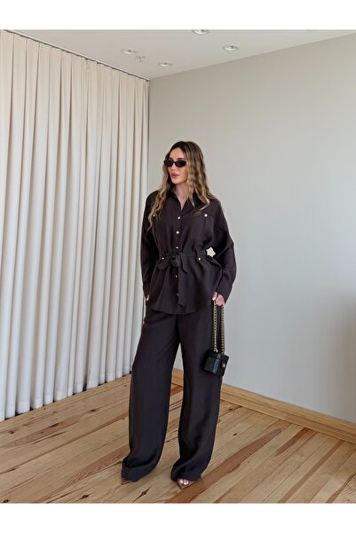 Laluvia Brown Gold Buttoned Tencel Shirt and Trousers Set - 7313