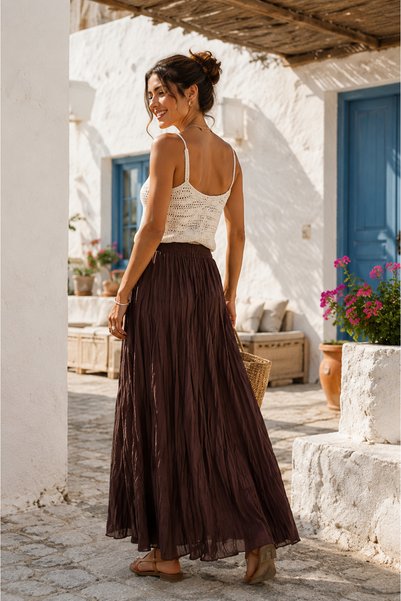 Dream Style Women's Voile Fabric Crinkled Skirt with Elastic Waist and Long Lining