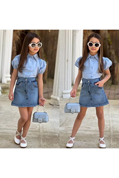 Bisahane Set fustă din denim, cămașă și geantă pentru fete