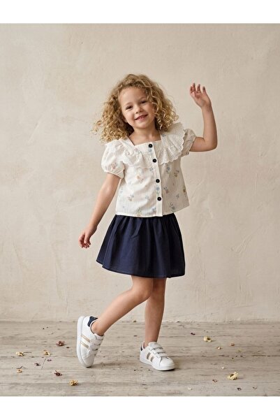 Mireya Kids Girl's Floral Patterned Ruffle Collar Blouse & Denim Skirt Set 2 ...
