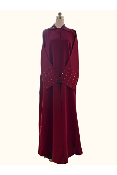 Musk Maroon Collared Open Abaya with Stone-Embellished Sleeves and matching H...