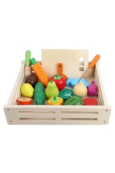 SARALMA Set educativ de jucarii din lemn fructe, legume, peste cu tocator si ...
