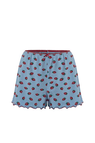 koza iç giyim Kadın İp Askılı Çilek Desenli Pamuklu Şortlu Pijama Takımı