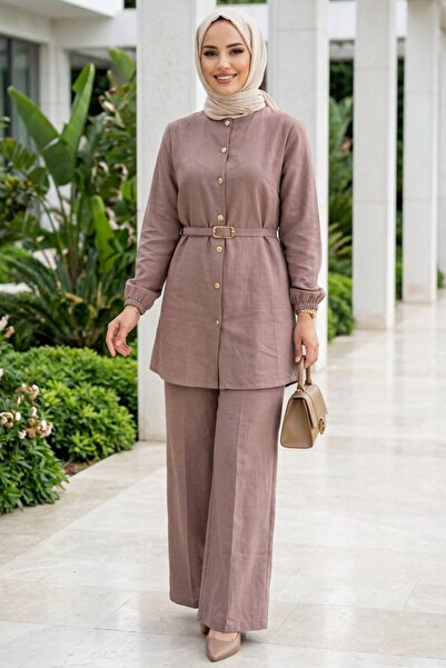 N.S NEVA STYLE Buttoned Beige Hijab Double Set 83012Bej