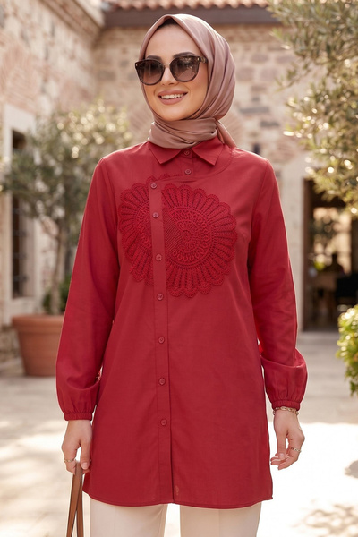 N.S NEVA STYLE Red Hijab Tunic with Lace Pattern Detail 50381K