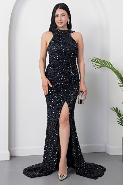 PULLIMM Halter Neck Slit Sequin Dress Ecr5482