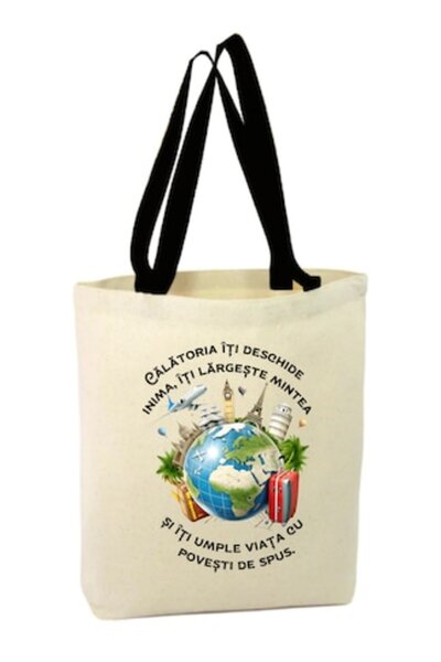 OEM Canvas tote bag with zipper, black handle, world travel design