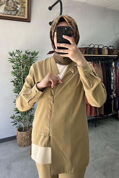 Tığ Triko Asimetrik Kesim 3lü Pantolonlu Takım Olive