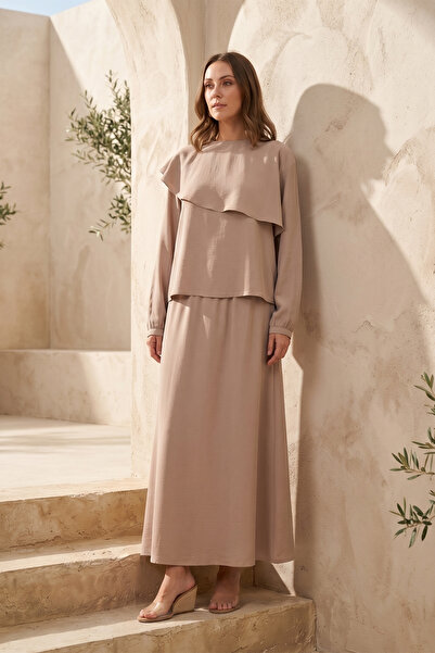 Nuss Modal Suit with Ruffle Detail Skirt on the Front 1088 Sand Beige
