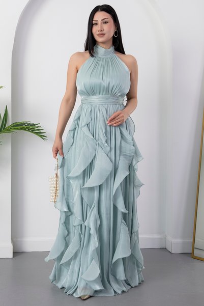 PULLIMM Rochie din satin cu volane și decolteu halter ELİ6073