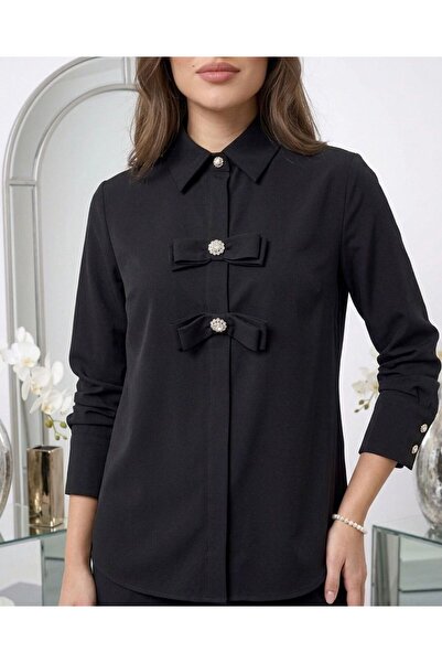 wishne Women's Black Bow Detailed Stoned Shirt - Luxurious Design Elegant Blouse