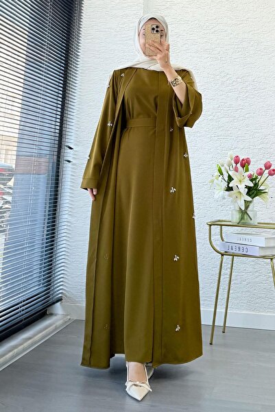 MELEK ARAZ Set Abaya dublu brodat cu pietre - Verde ulei