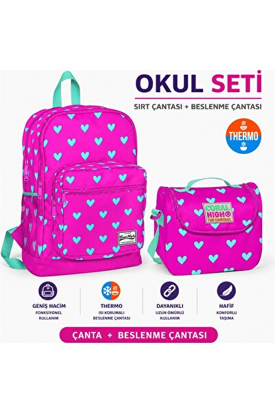 Coral High Backpack 23113+ Pink Water Green Heart Patterned Thermo Lunch Bag ...