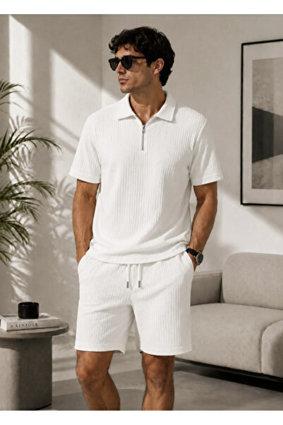 LU DUE Ottoman Fabric Casual Stylish Zippered Polo Collar T-Shirt and Shorts Set