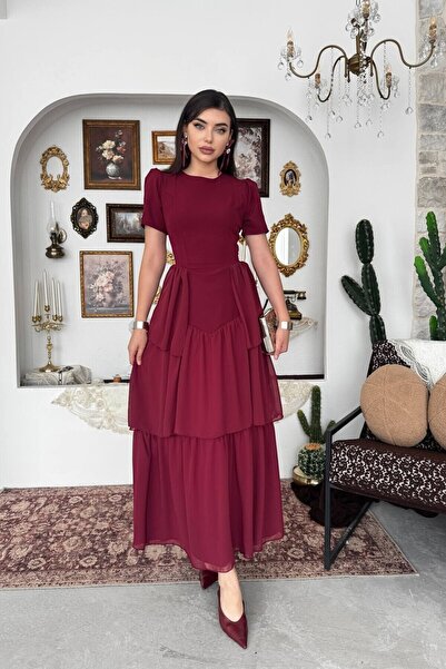 Caddebostan Moda Long Evening Dress with Back Corsage Detail and Layered Chif...