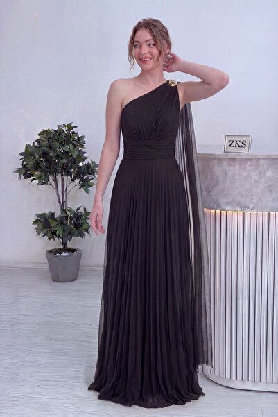 zks grup tekstil Women's One-Shoulder Cape Brooch Detailed Glittery Long Even...