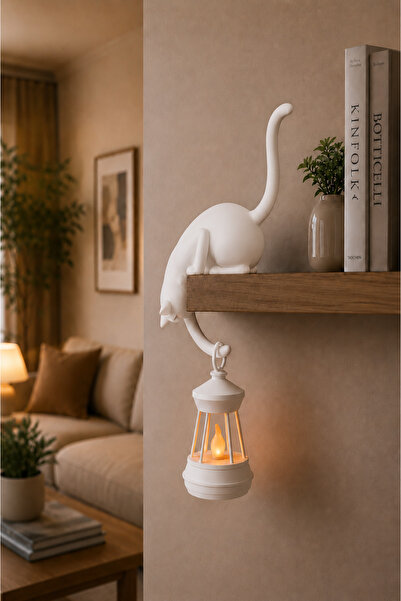 Printorium Askılı Kedi Raf Dekoru 24 CM – LED Fenerli Minimal Salon & Balkon ...