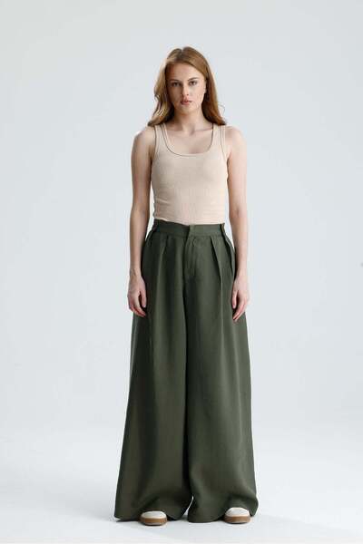 minaaise Women's Khaki Pleated Pallazzo Premium Fabric Trousers 31107