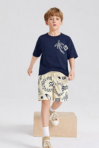 aura7 collection Boys' Palm Tree Printed Navy Blue Shorts Set