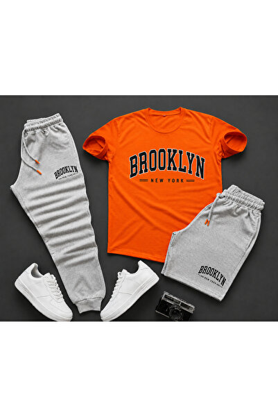 FS CABİN Unisex Brooklyn Printed 3-Piece Combination Set - Orange T-Shirt, Gr...